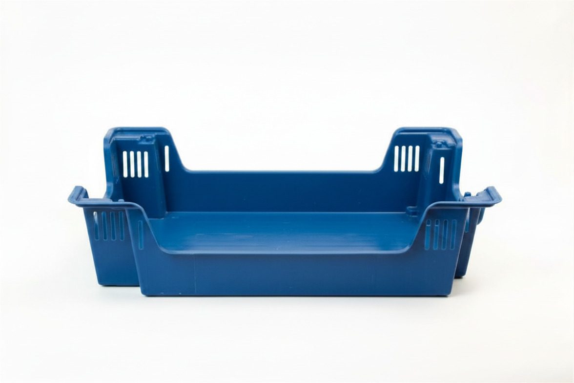 Caja de plástico azul individual, vista completa, diseño ventilado, BIO-CRATES